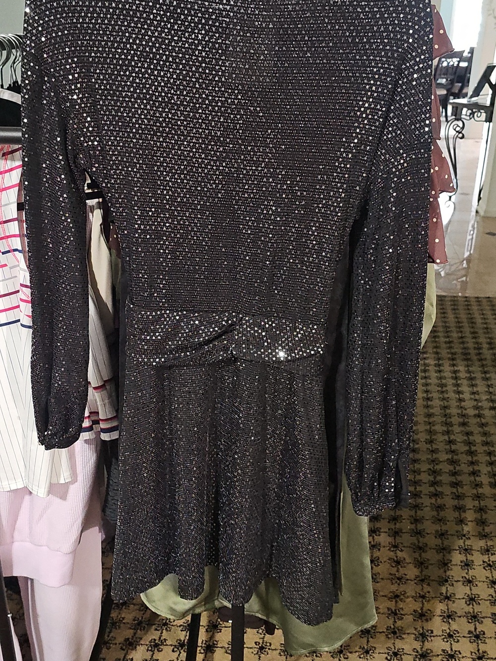Elan Sparkle Wrap Mini Dress in Black Knee Length - Picture 3 of 6